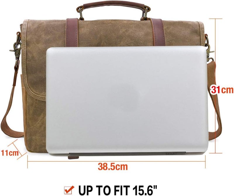 NEWHEY Mens Messenger Bag 15.6 Inch Waterproof Vintage Genuine Leather Waxed Canvas Briefcase Large Satchel Shoulder Bag Rugged Leather Computer Laptop Bag, Khaki - Image 4